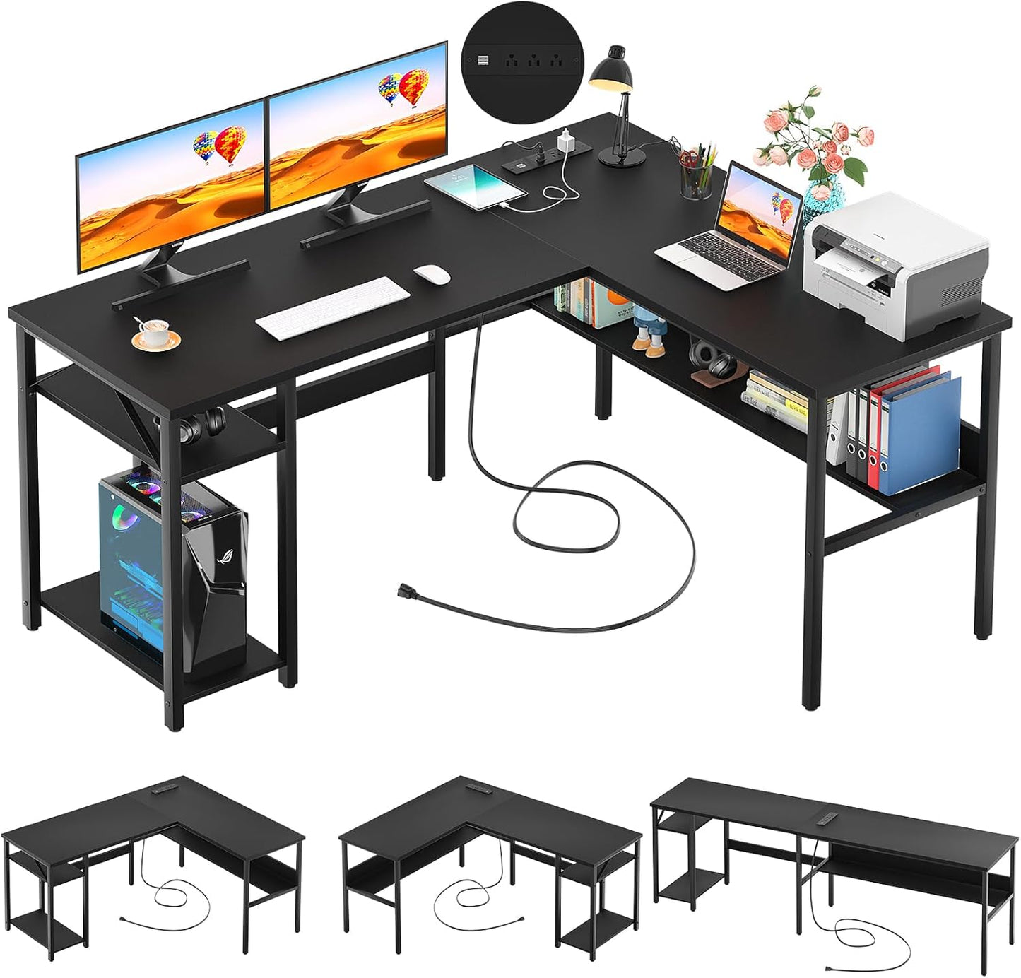 Sturdy L Shaped Desk w/ Magic Outlets & USB Ports