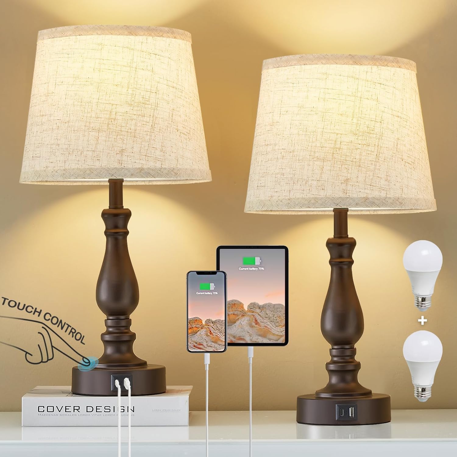 Touch Bedside Lamps Set of 2 with USB Ports for Modern Homes