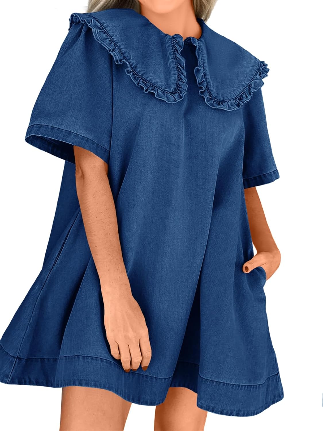 Wenrine Womens Summer Denim Mini Dress with Peter Pan Collar