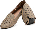 Women's Floral Ballet Flats Black Beige PU Leather - Comfortable Slip