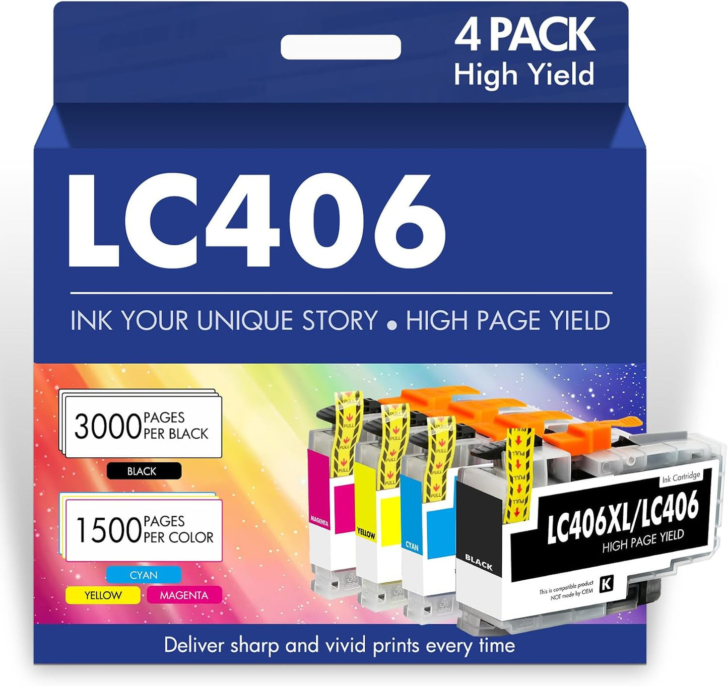 High Yield LC406 Ink Cartridges for Brother Printers - 4 Pack