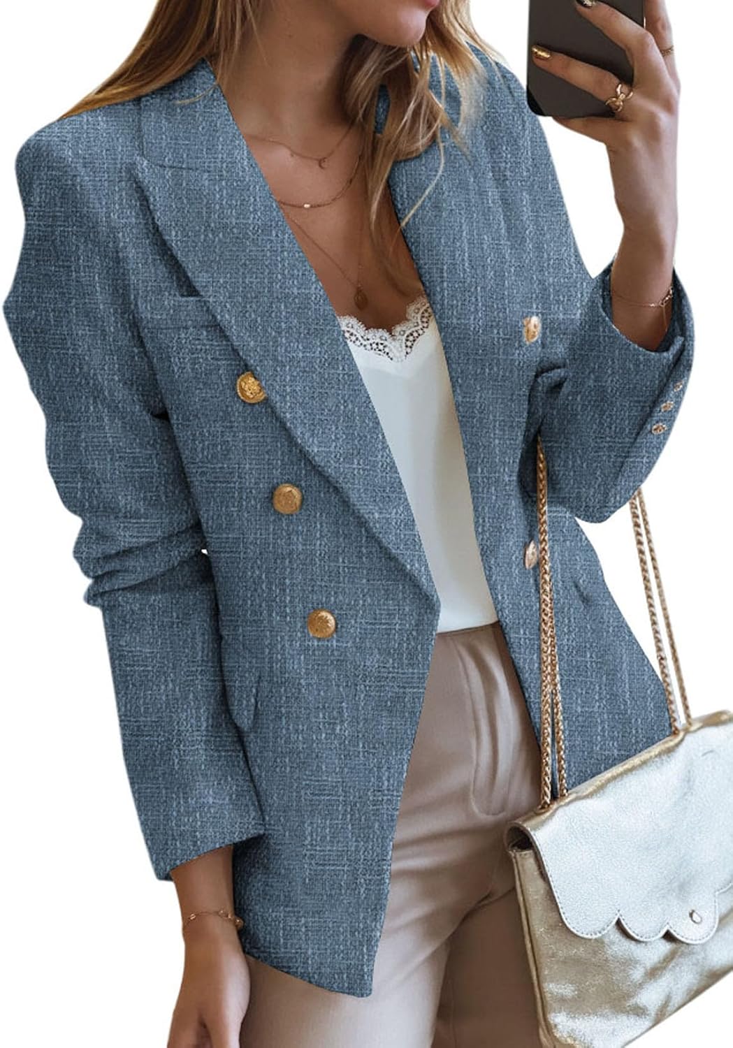 Womens Tweed Blazers Casual Long Sleeve Double Breasted Jackets