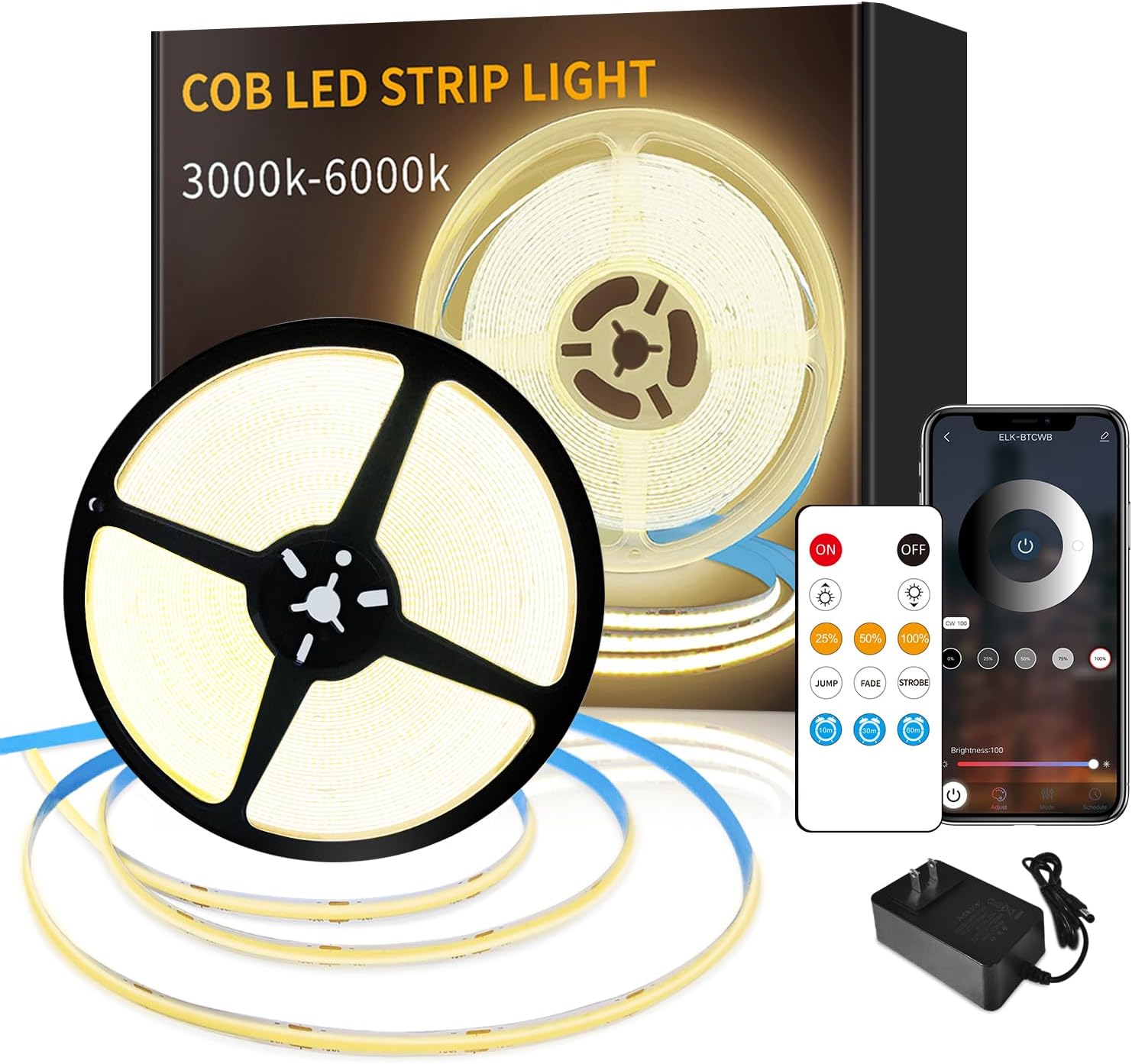 COB LED Strip Lights 65.6FT Dimmable Warm White for Home Decor