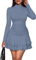 PRETTYGARDEN Women's Long Sleeve Mock Neck Ruffle Mini Dress