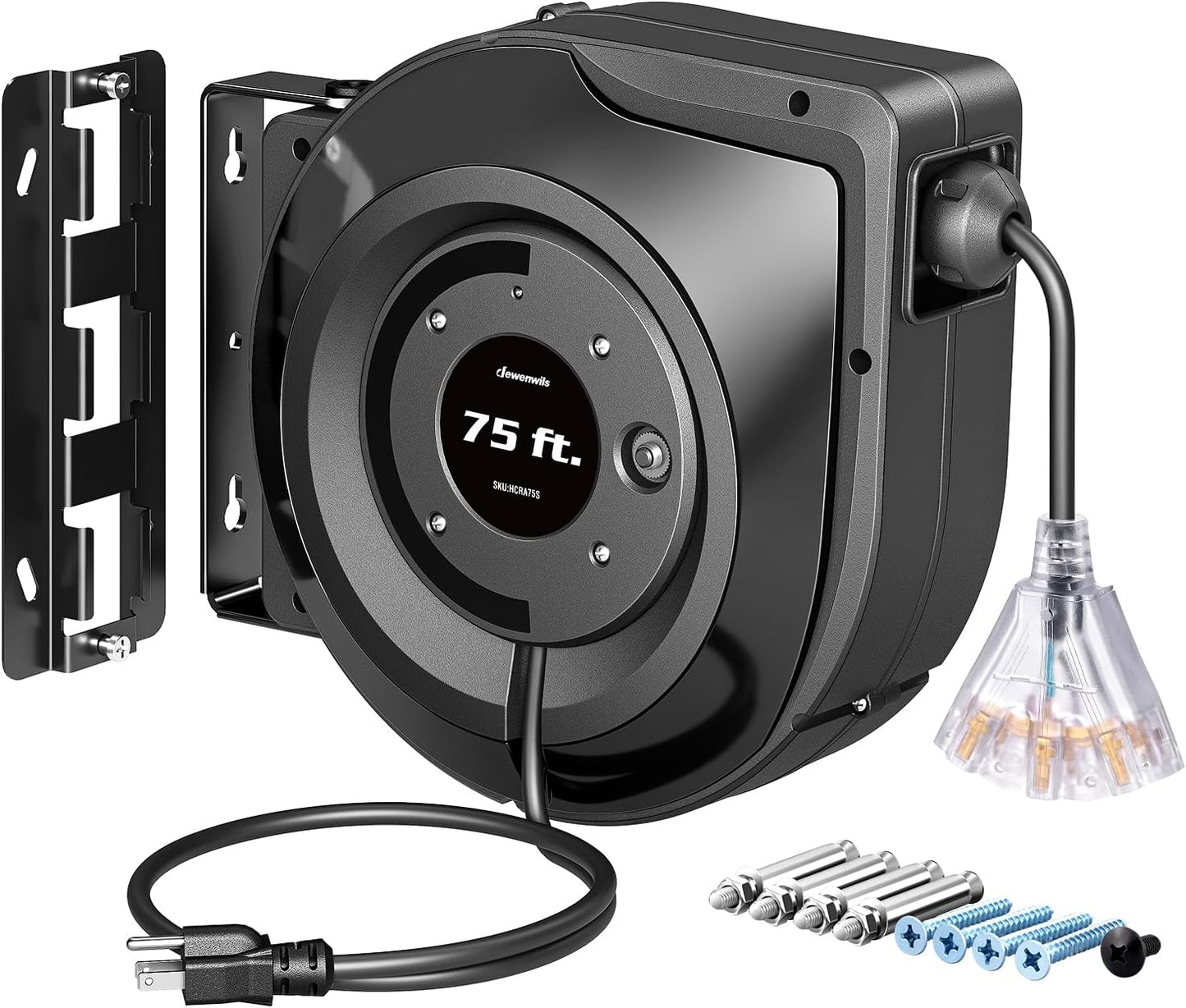 DEWENWILS 75FT Extension Cord Reel with Triple Outlets and Breaker