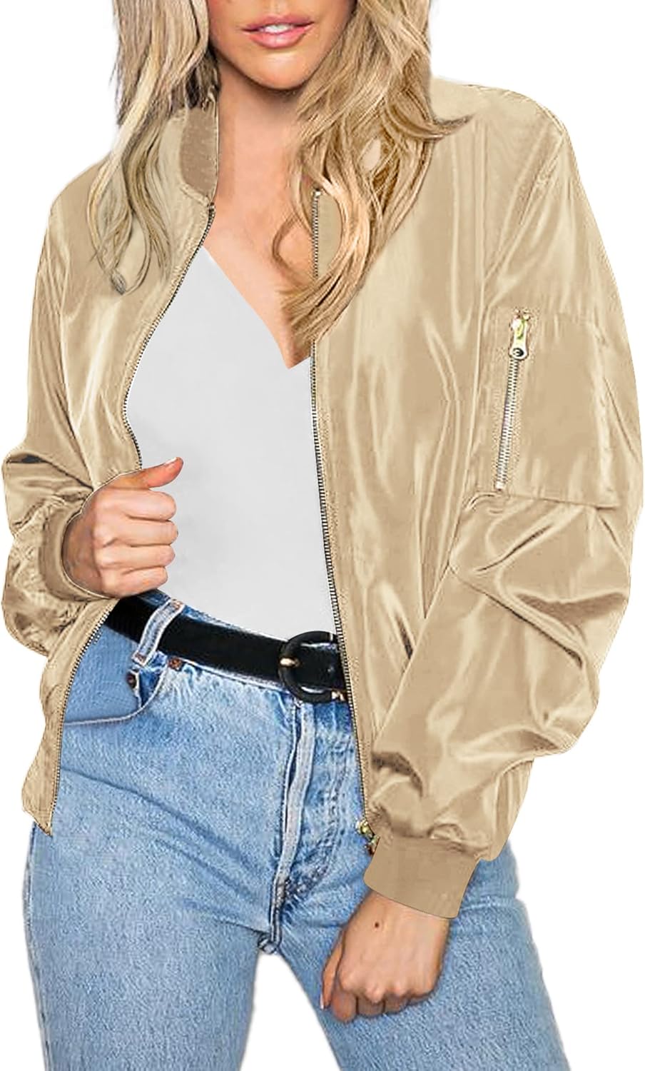 Stylish Women's Bomber Jacket Casual Coat Zip Up Outerwear