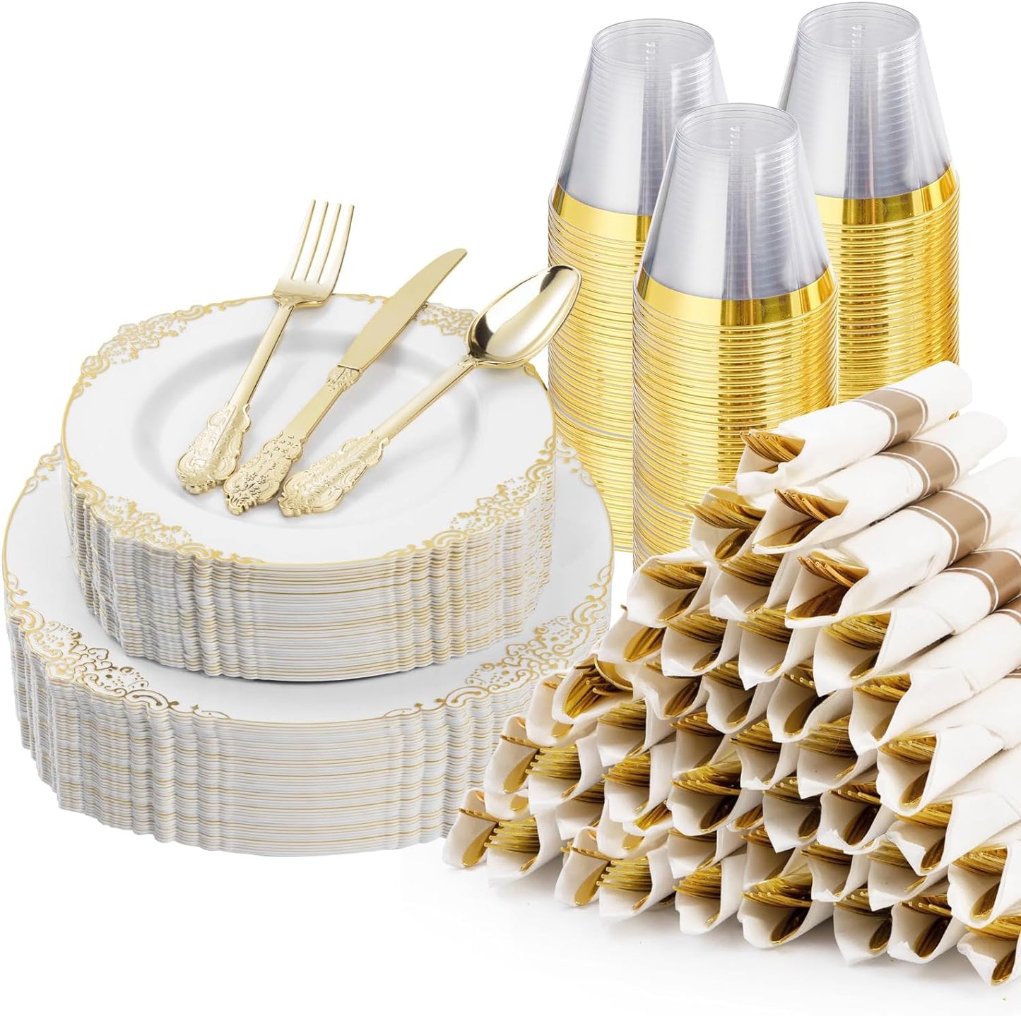 Golden Elegance: 350PCS Disposable Dinnerware Set for 50 Guests - Perfect for Parties & Special Events