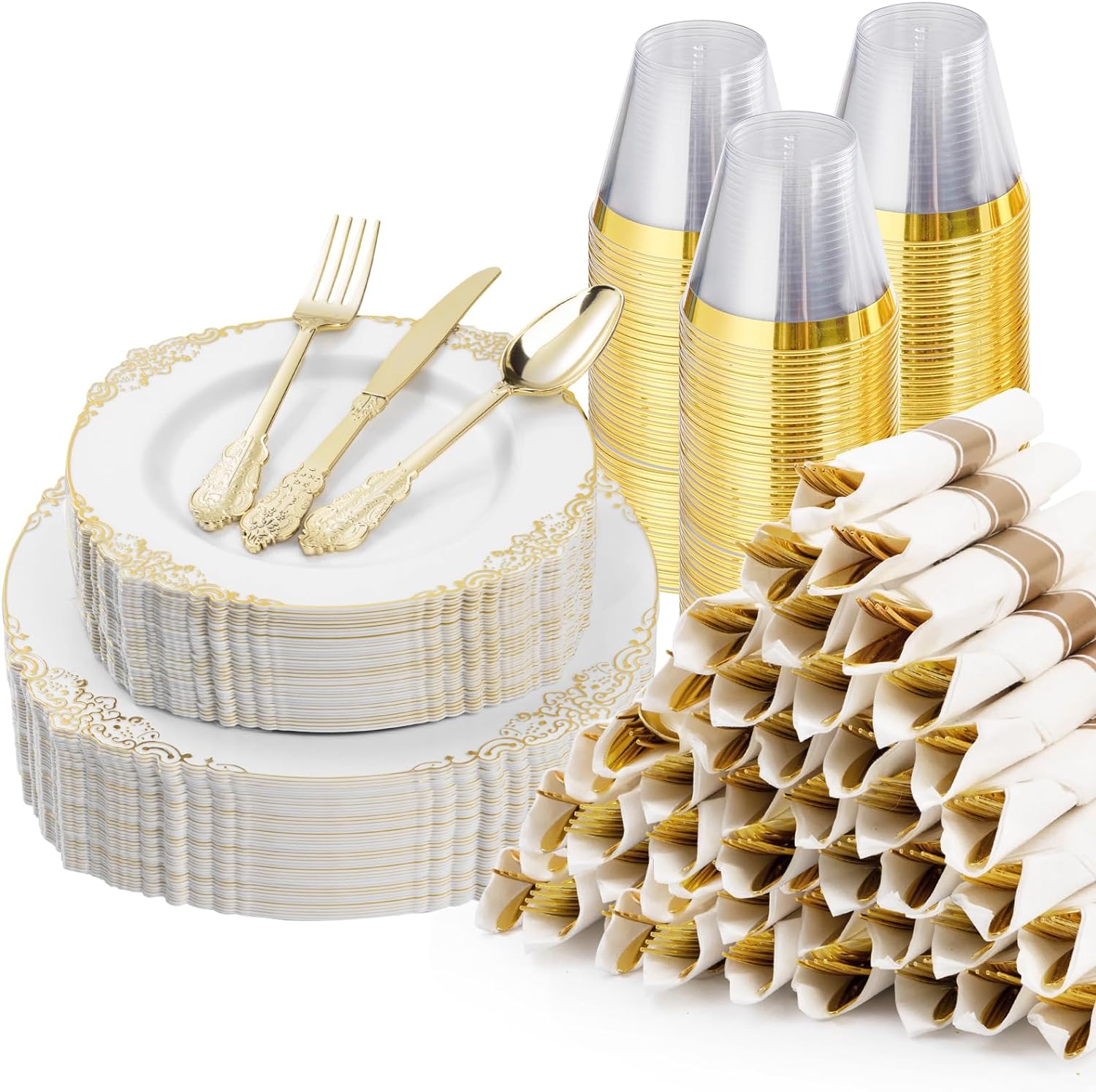 Golden Elegance: 350PCS Disposable Dinnerware Set for 50 Guests - Perfect for Parties & Special Events