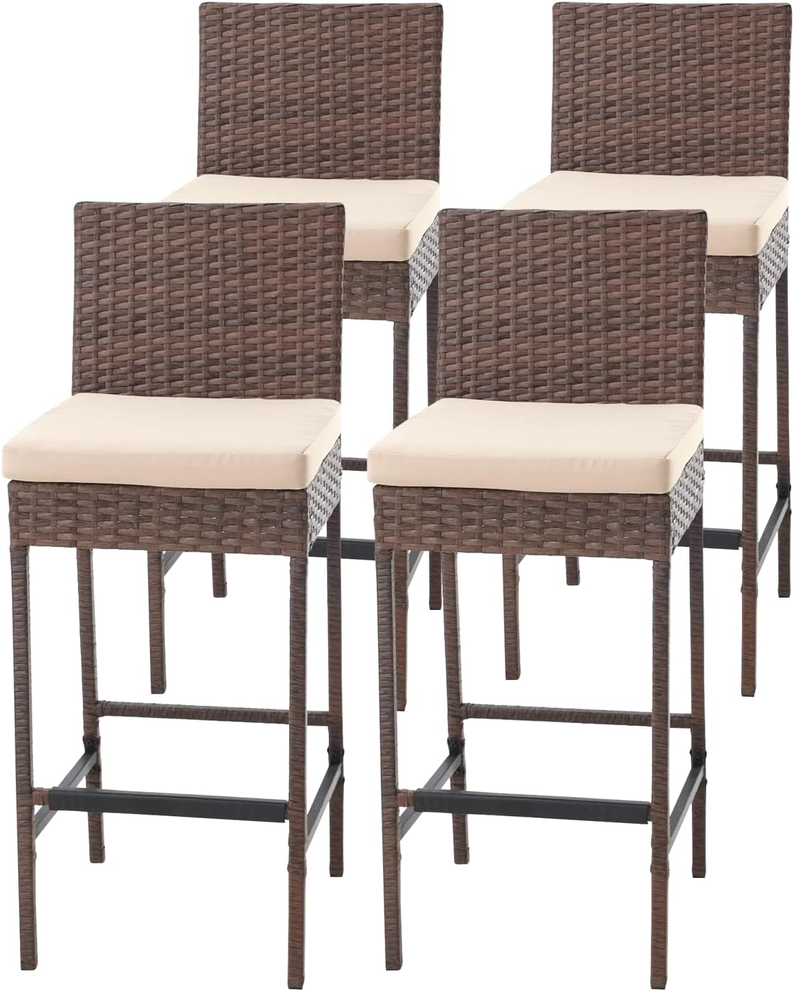 ECOTOUGE Rattan Bar Stools Set of 4 for Patio and Backyard