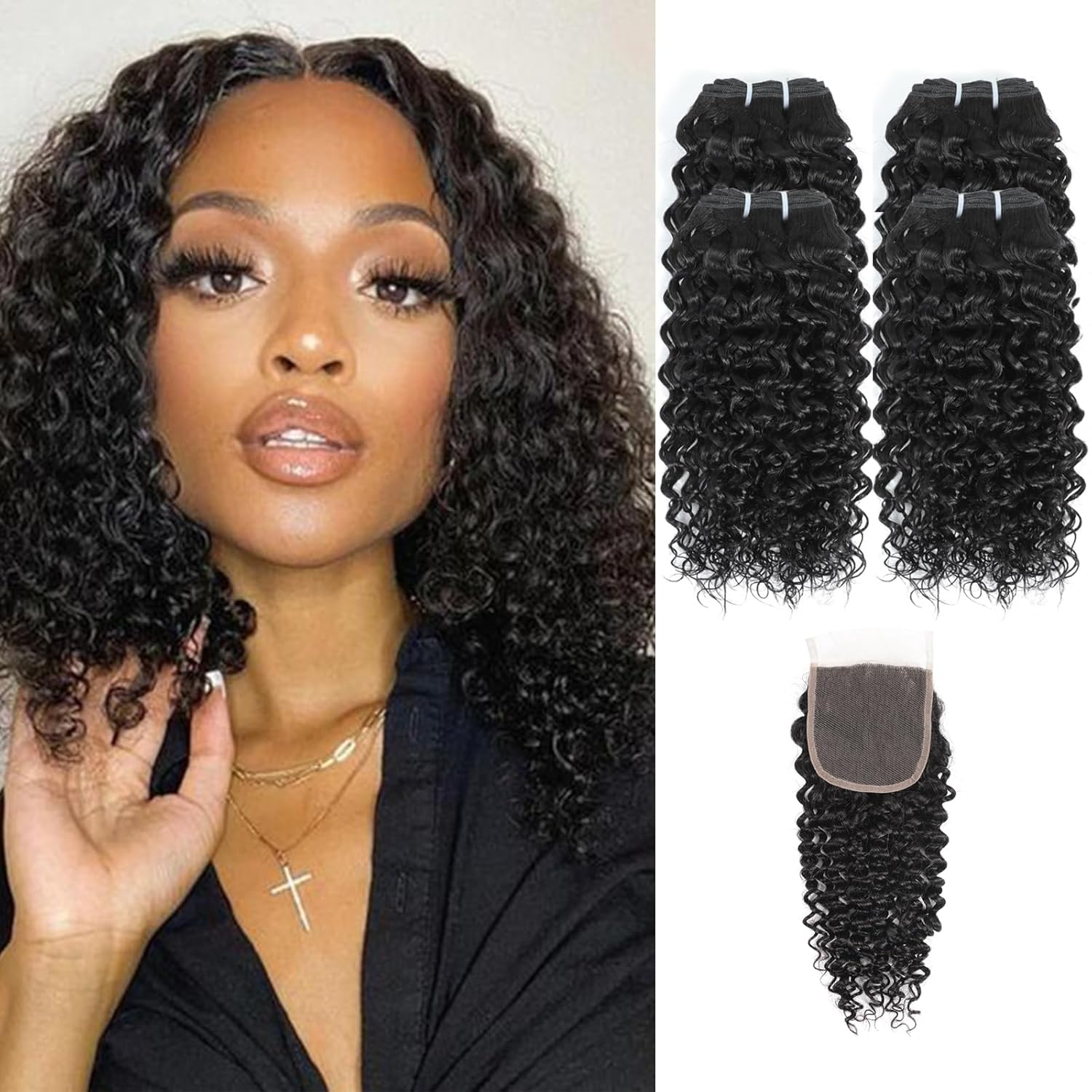 10 Inch Kinky Curly Human Hair Bundles with Closure for Style
