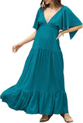 Kikibell Women V-Neck Maxi Dress - Flowy Tiered Backless Style Women's