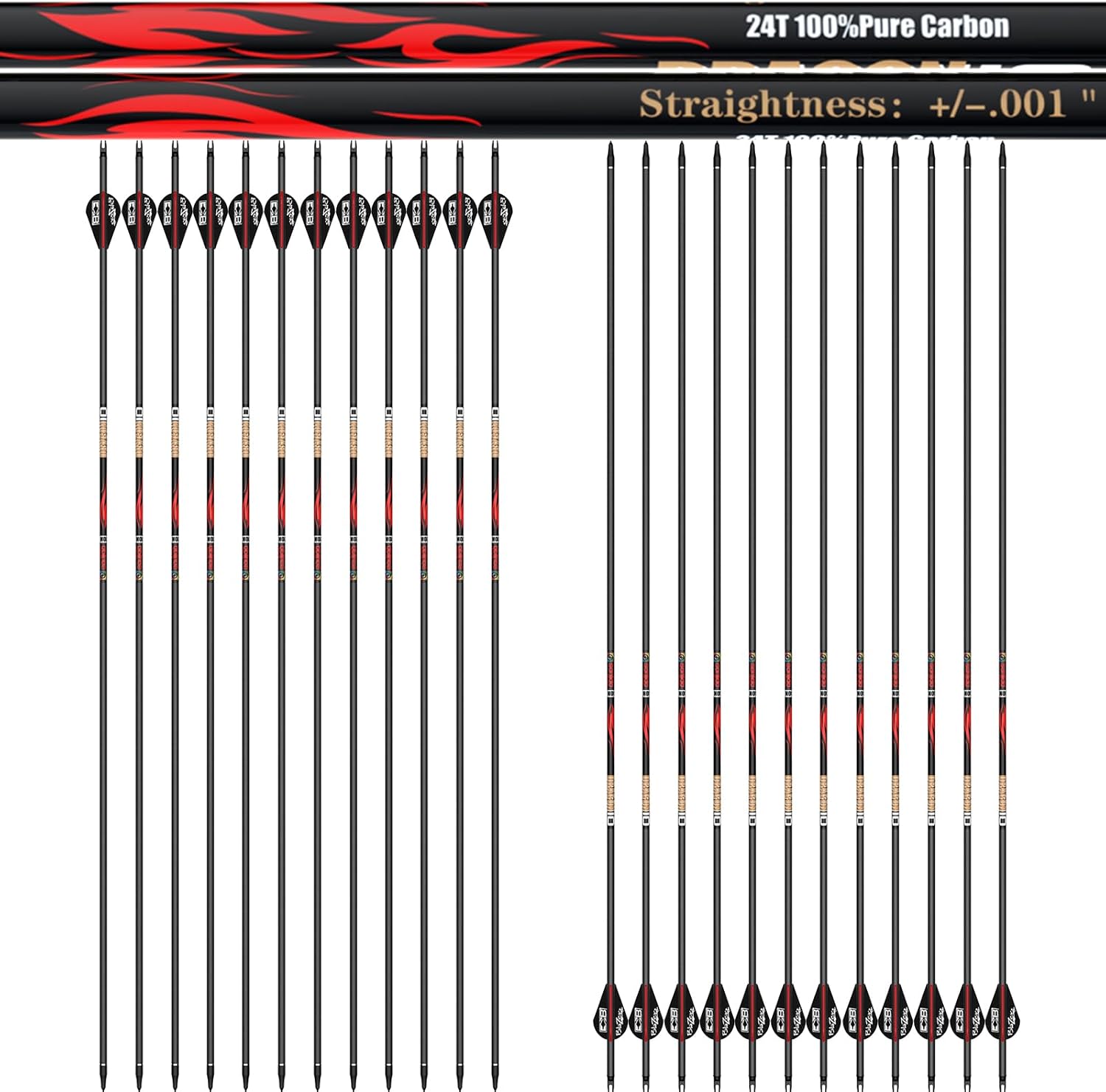 100% Pure Carbon Arrows for Compound and Recurve Bows - 12PCS