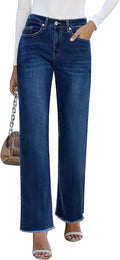 Straight Leg Jeans High Waisted Stretchy Frayed Raw Hem - Flattering