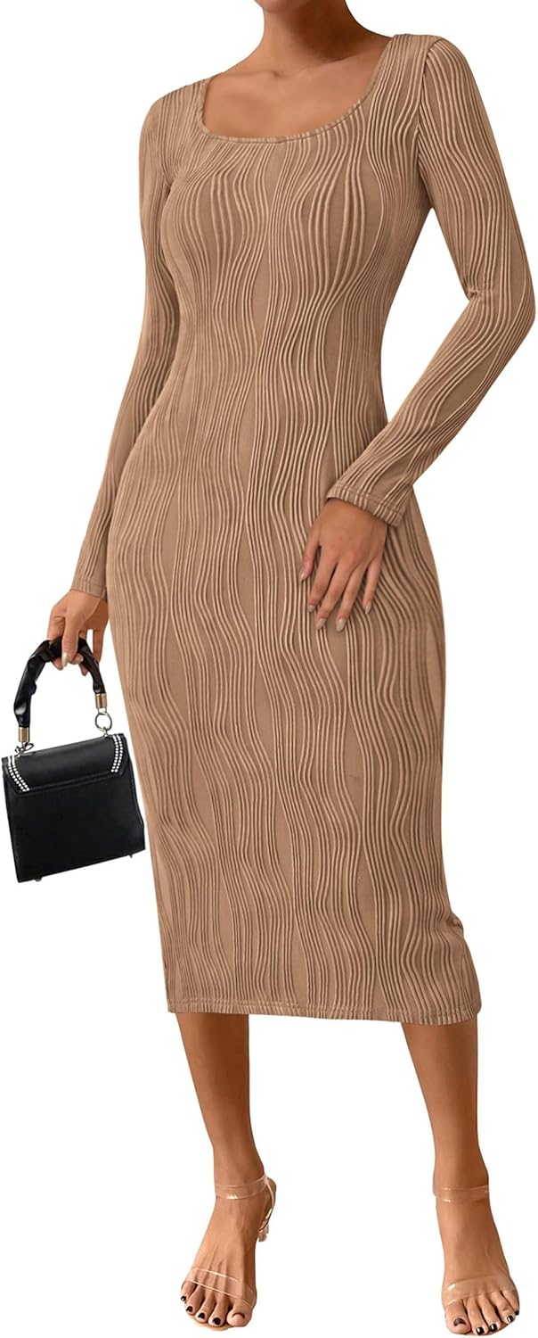 PRETTYGARDEN 2025 Fall Bodycon Dress - Square Neck & Slit!