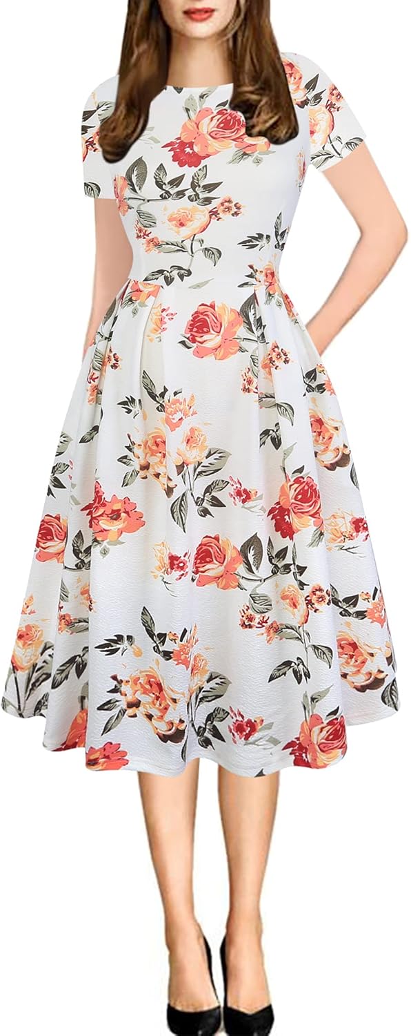 Oxiuly Women's Vintage Patchwork Pockets Casual Party Dress