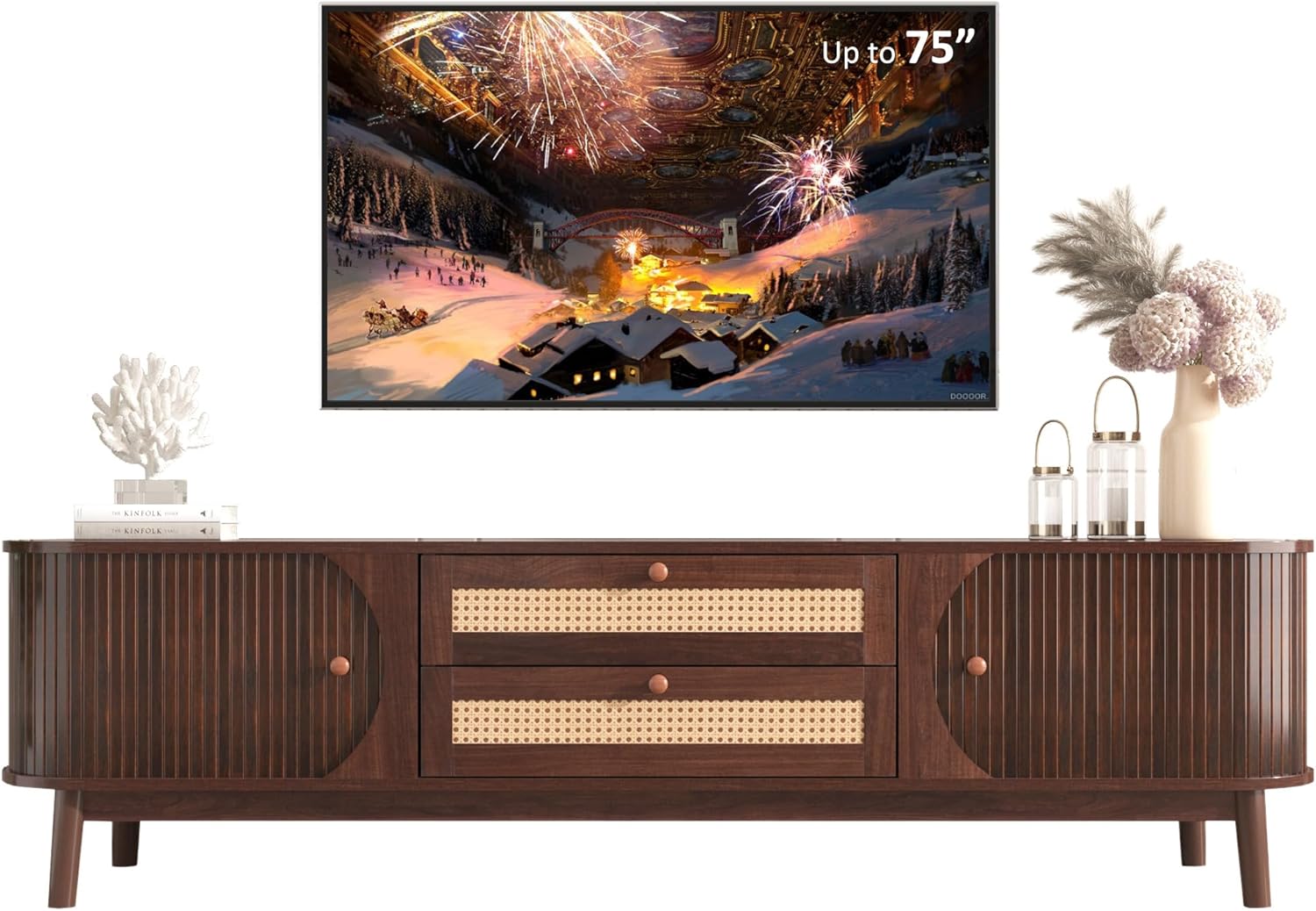 Merax Fluted TV Stand: Rattan Drawer, Curved Design