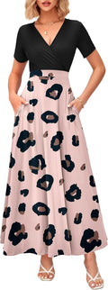 WNEEDU Women's Summer Maxi Dress Wrap V Neck with Pockets (Style 8LQV)