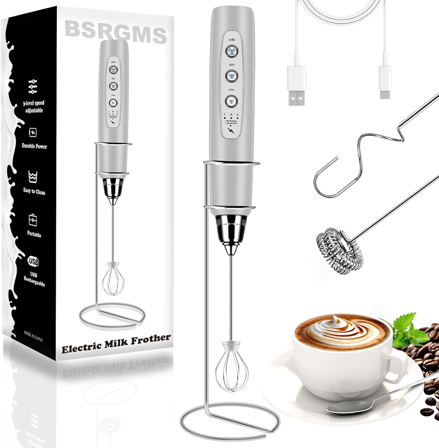 Rechargeable 3-Speed Milk Frother for Perfect Foam