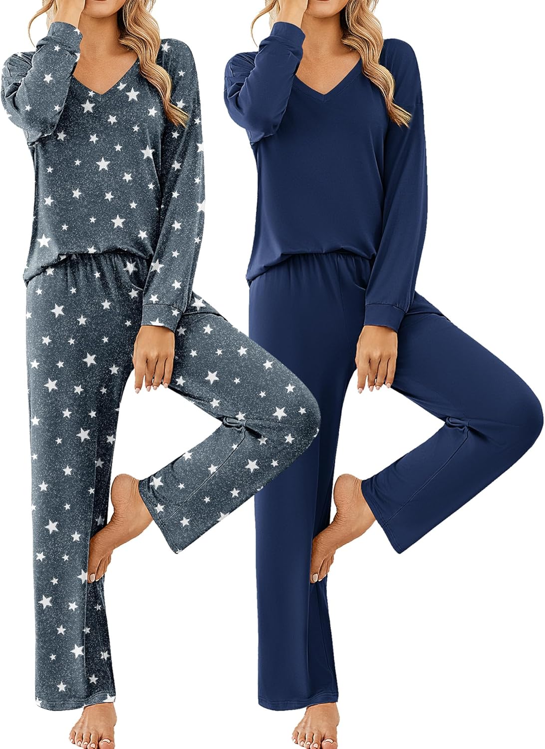 Ekouaer Womens 2 Pack Pajama Sets Long Sleeve Soft Pjs