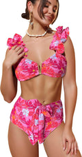 Women High Waisted Swimsuit Flounce Straps Bikini - Ruffle V Neck Fit