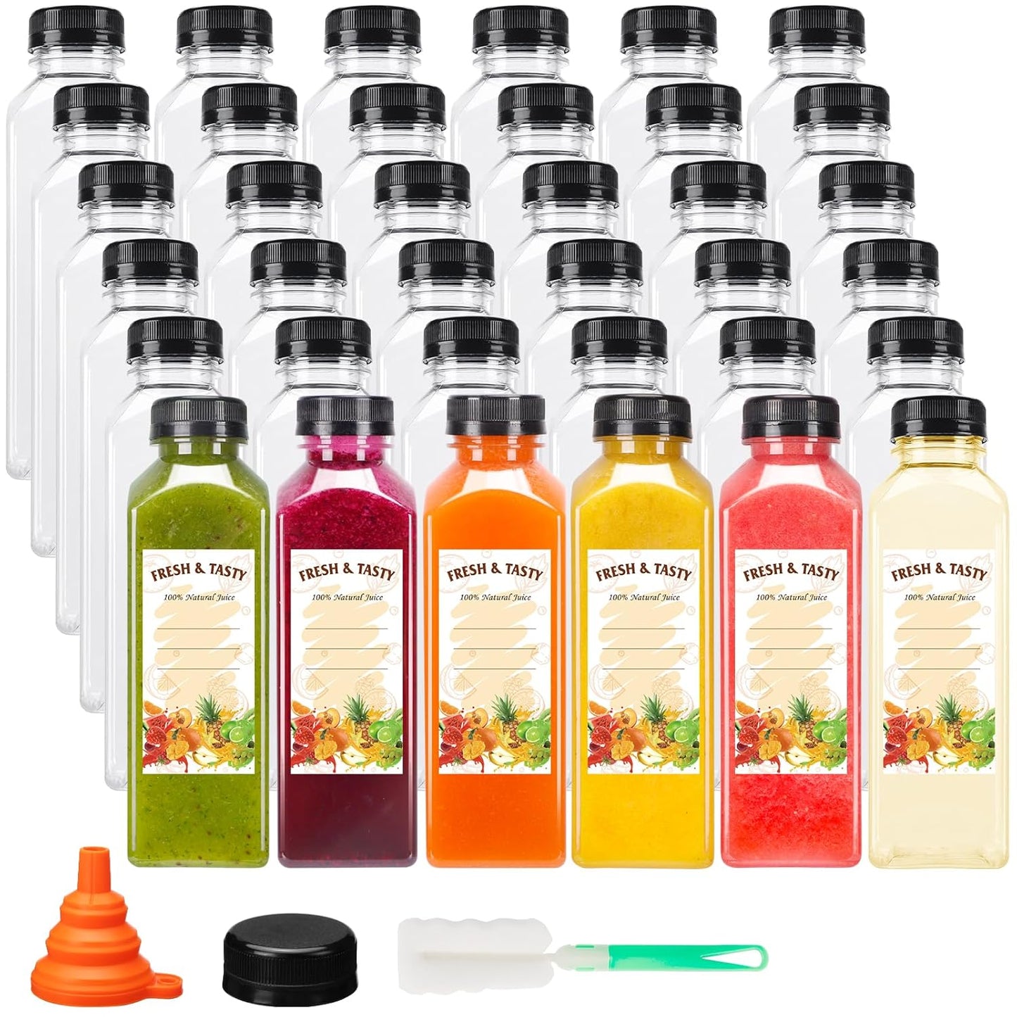 36pcs 16oz Plastic Juice Bottles with Caps for All Beverages
