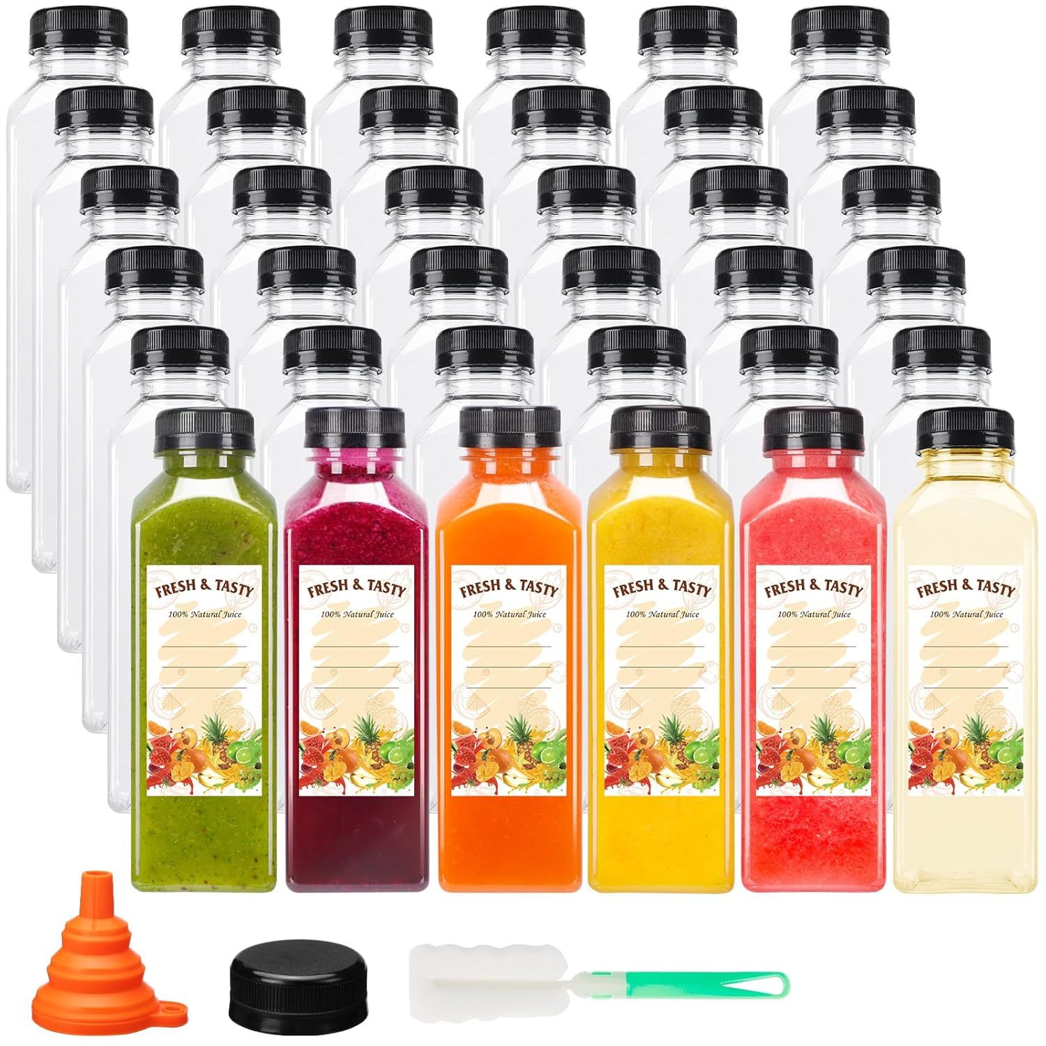 36pcs 16oz Plastic Juice Bottles with Caps for All Beverages