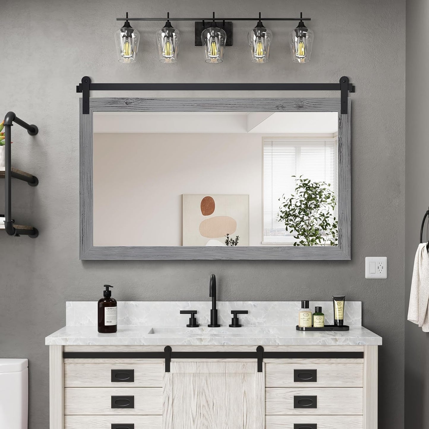 Farmhouse Bathroom Mirror - Rustic Wood Framed Barn Door Style