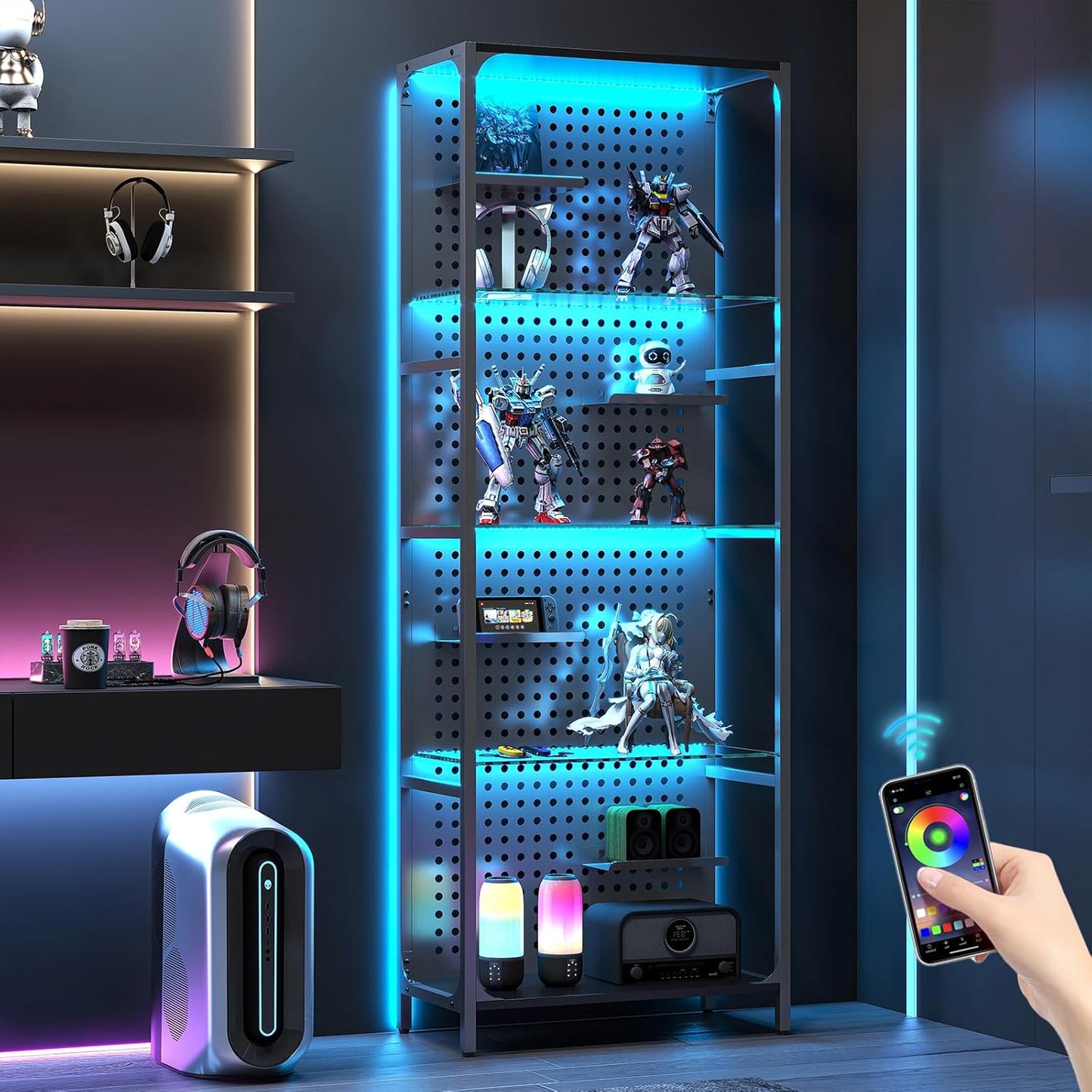 Glass Display Shelf for Collectibles with LED Lighting Features