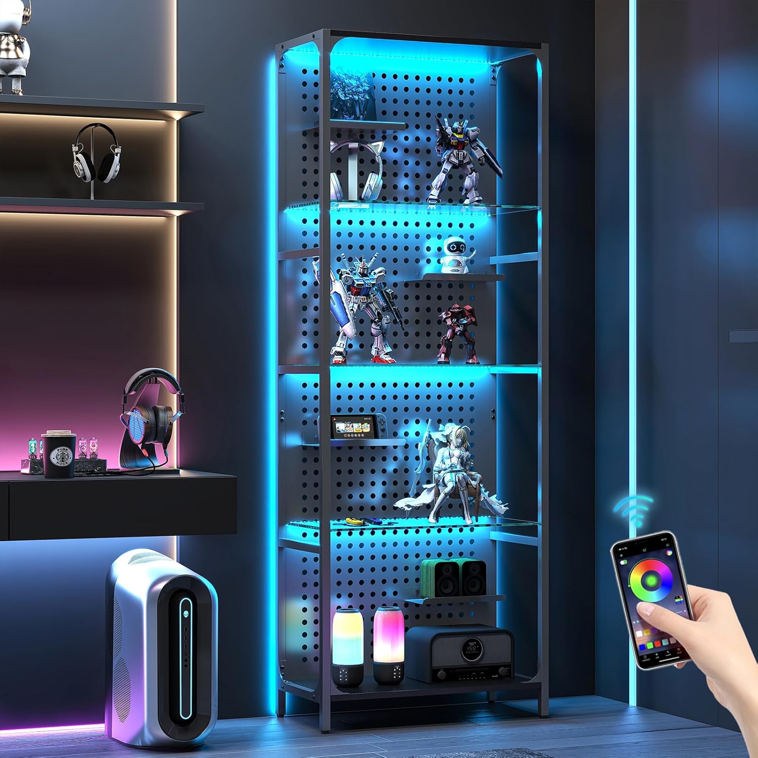 Glass Display Shelf for Collectibles with LED Lighting Features