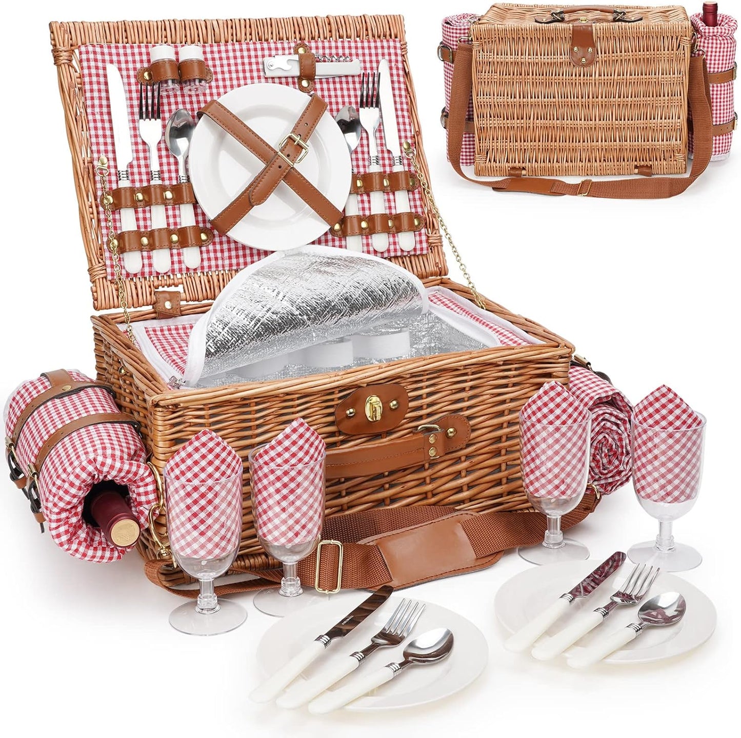 Insulated Picnic Basket for 4 with Waterproof Blanket and Strap
