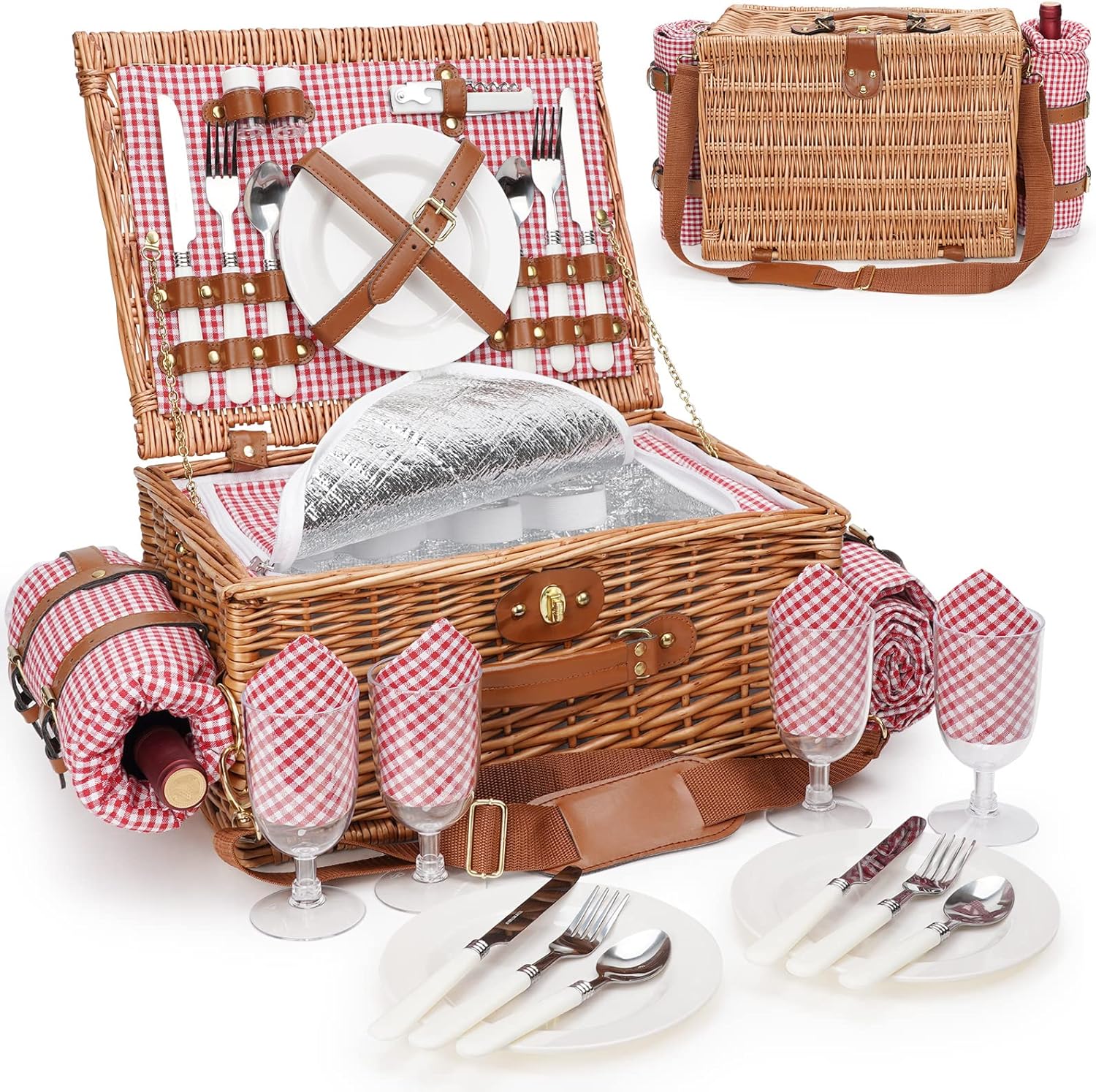 Insulated Picnic Basket for 4 with Waterproof Blanket and Strap