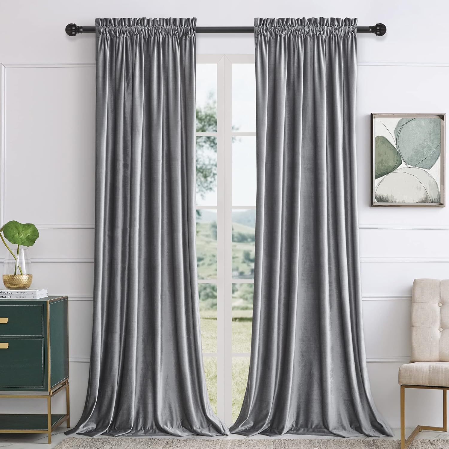 PRIMROSE Grey Velvet Blackout Curtains for Living Room Decor