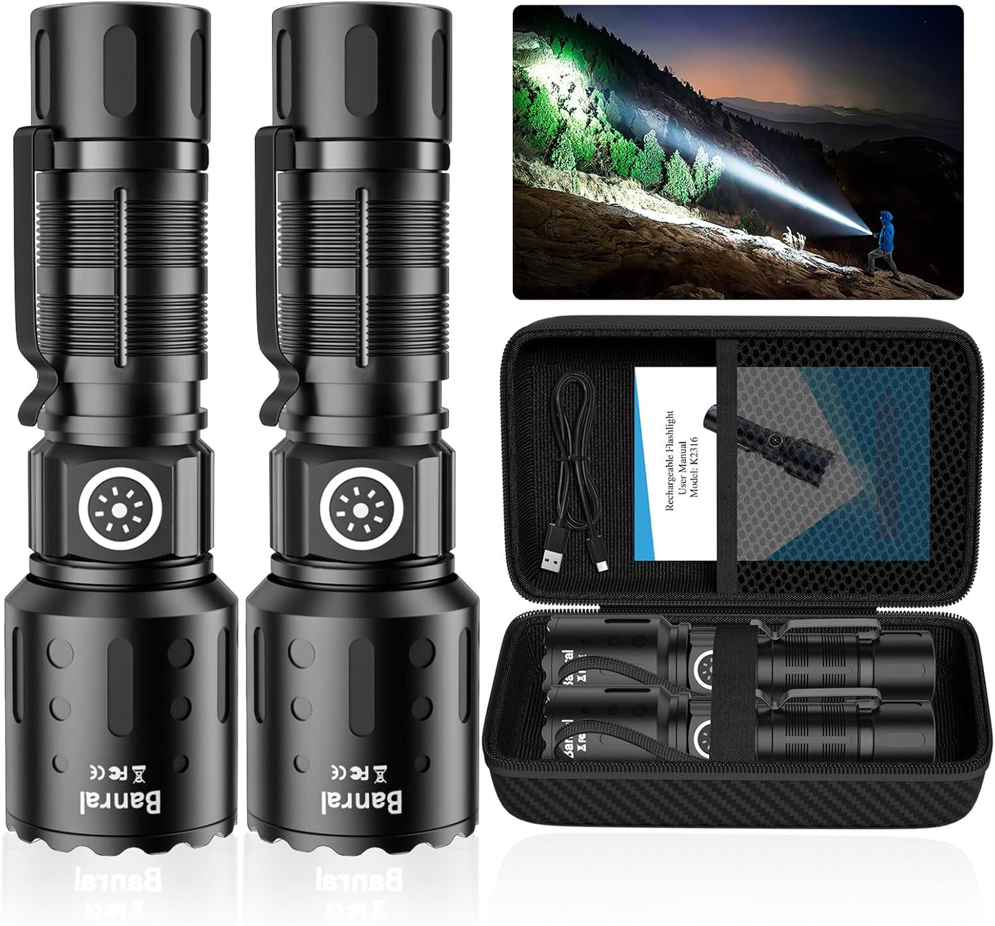 Banral Rechargeable Flashlight: 20,000 Lumens, Long Throw, Memory Function
