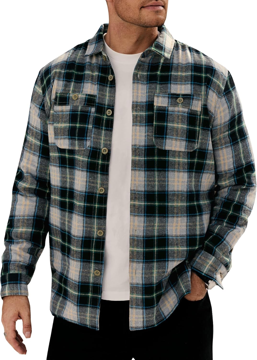 Men Fleece-Lined Button Shirt Flannel Plaid Warm Jacket