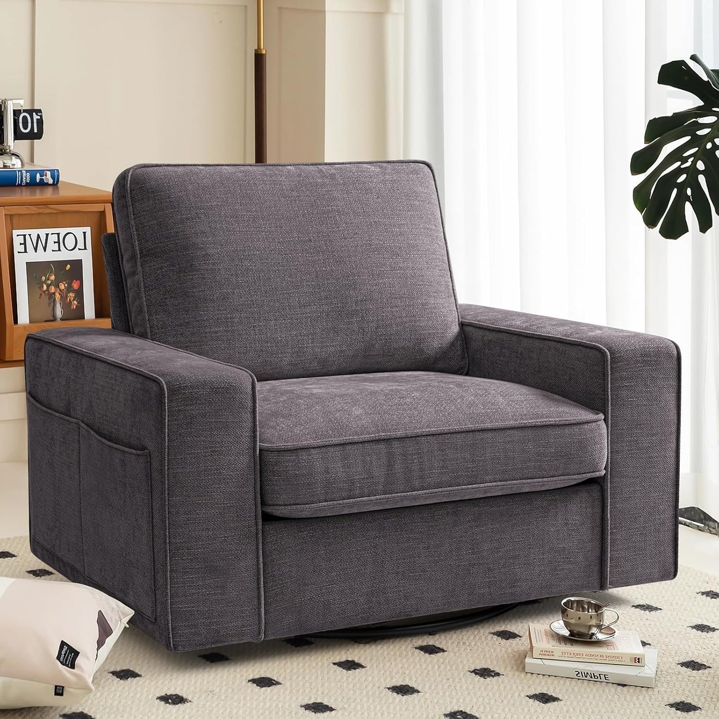 Swivel Accent Chair: Comfy Soft Padding, Wide Armrests