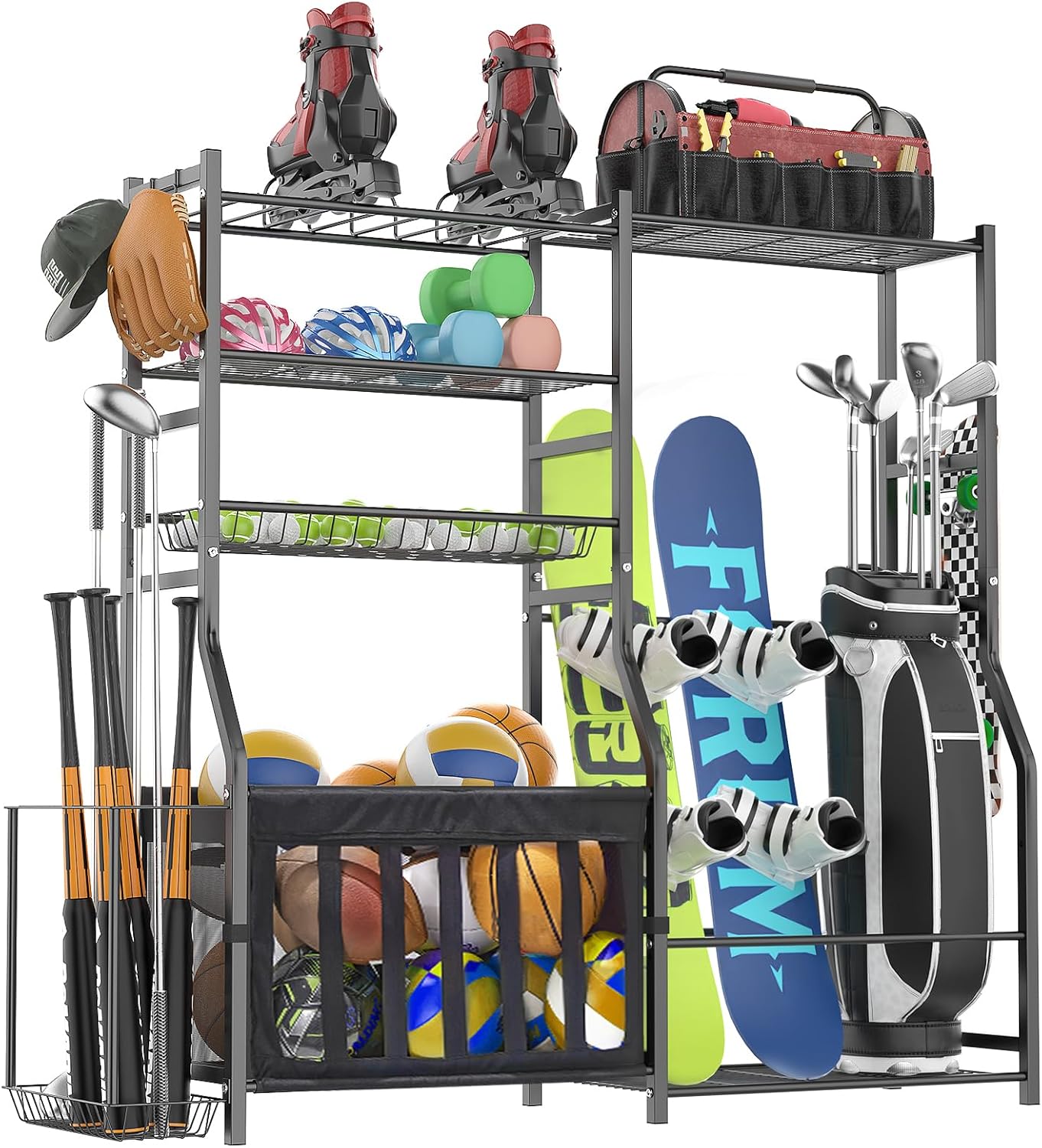 Garage Sports Equipment Organizer for Golf Bags and Balls