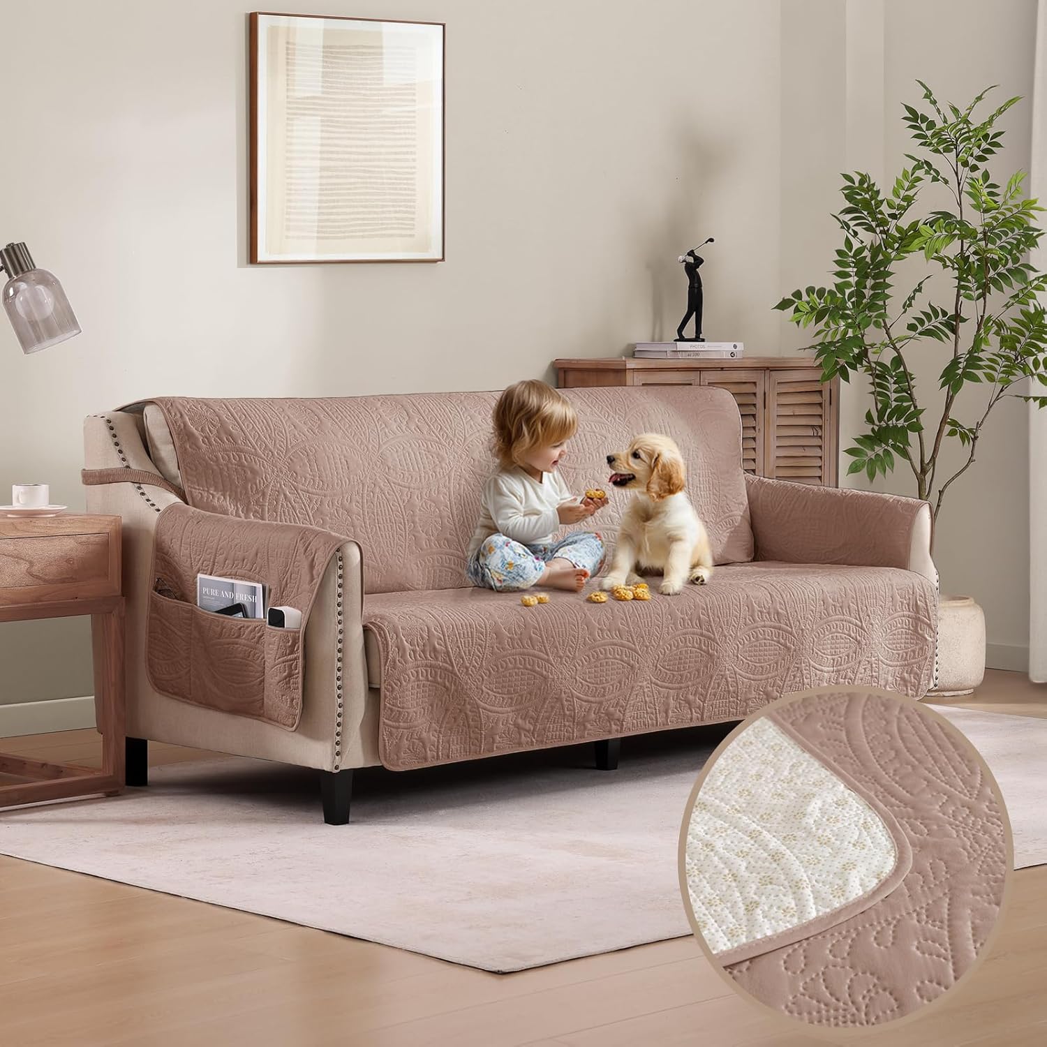 Quilted Sofa Slipcovers with Pockets for Large 3 Cushion Sofa