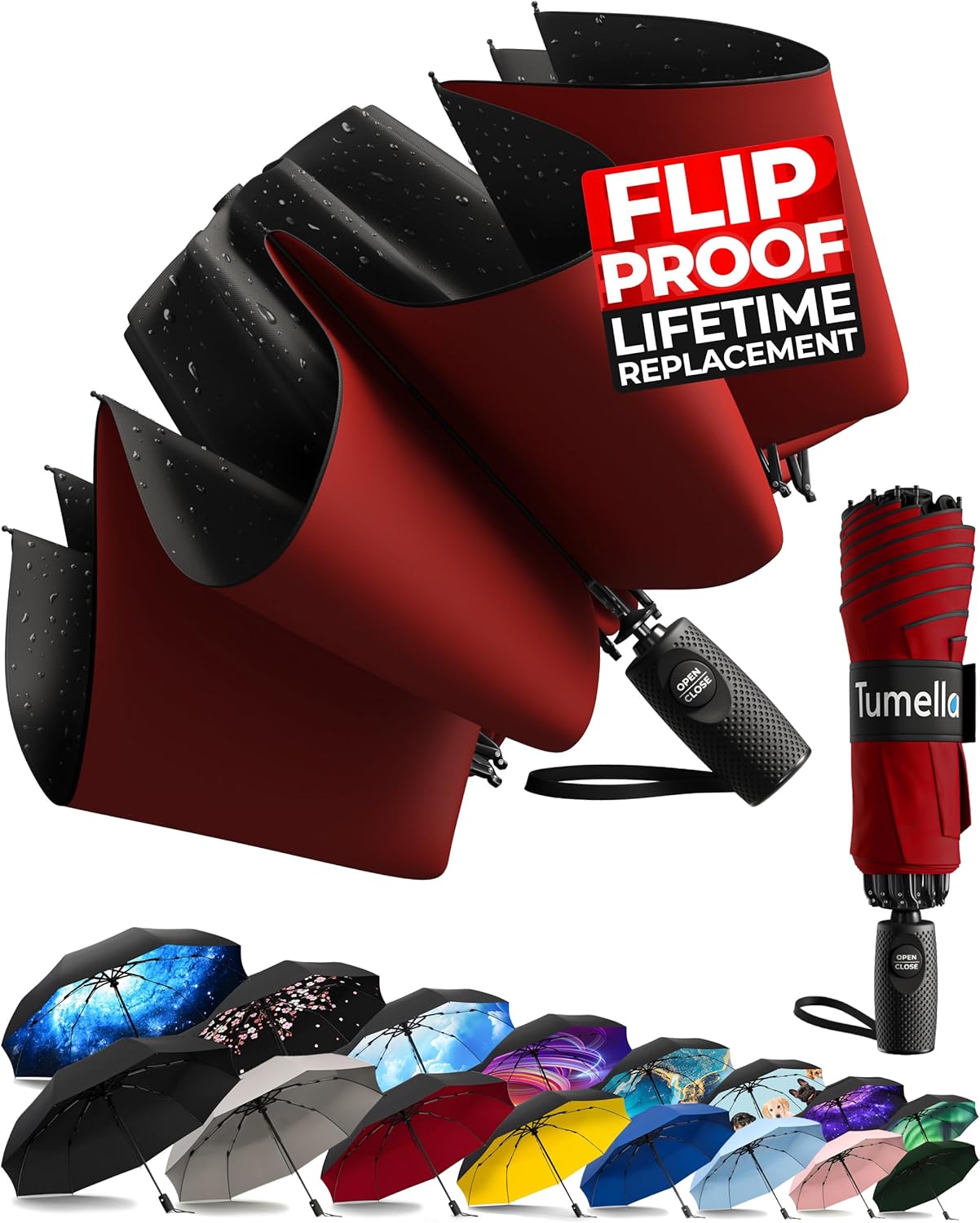 TUMELLA Flip-proof Inverted Travel Umbrella for All Weather