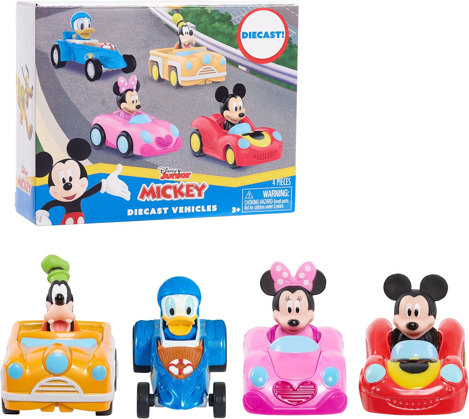 Mickey Mouse Diecast Vehicles 4pc Set - 3in Metal Cars, Pretend Play Fun!