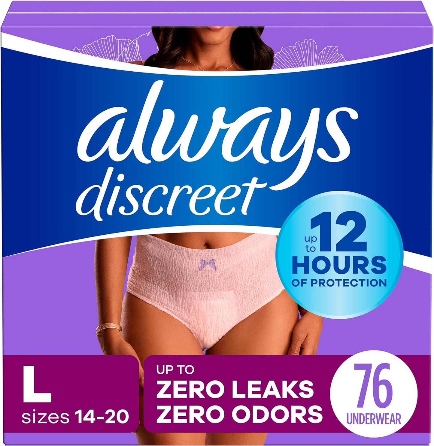 Always Discreet L Incontinence Underwear, 100% Leak Protection