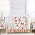 Peach and Green Watercolor Floral Crib Bedding Set - 4 Piece