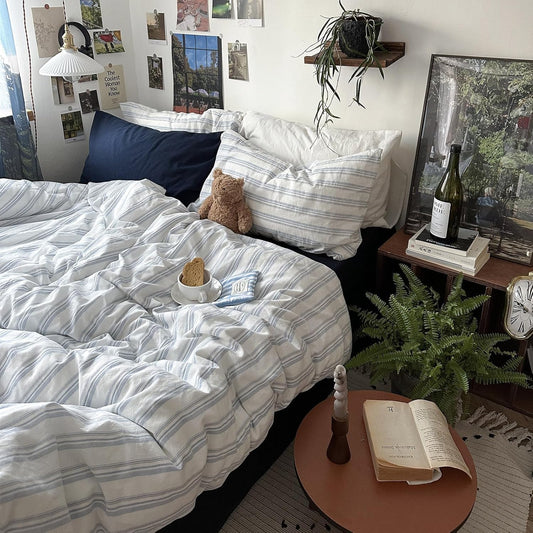 Vintage Blue & White Striped Duvet Cover Set for King Size Beds