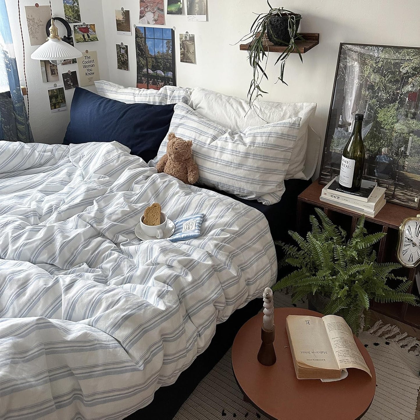 Vintage Blue & White Striped Duvet Cover Set for Twin Bedding