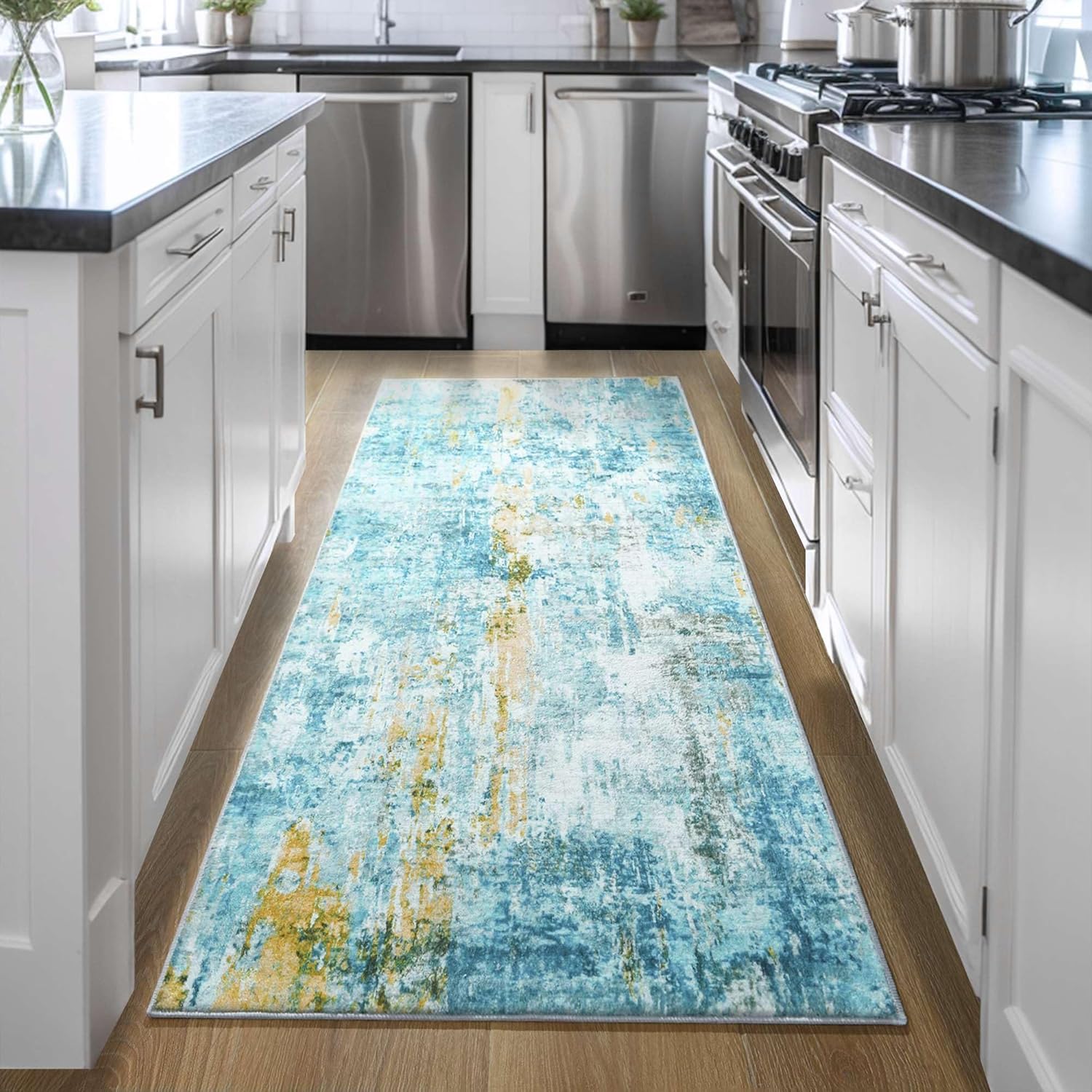Runner Rug for Kitchen Teal Blue Hallways Non Slip 2ft 6in'x8ft