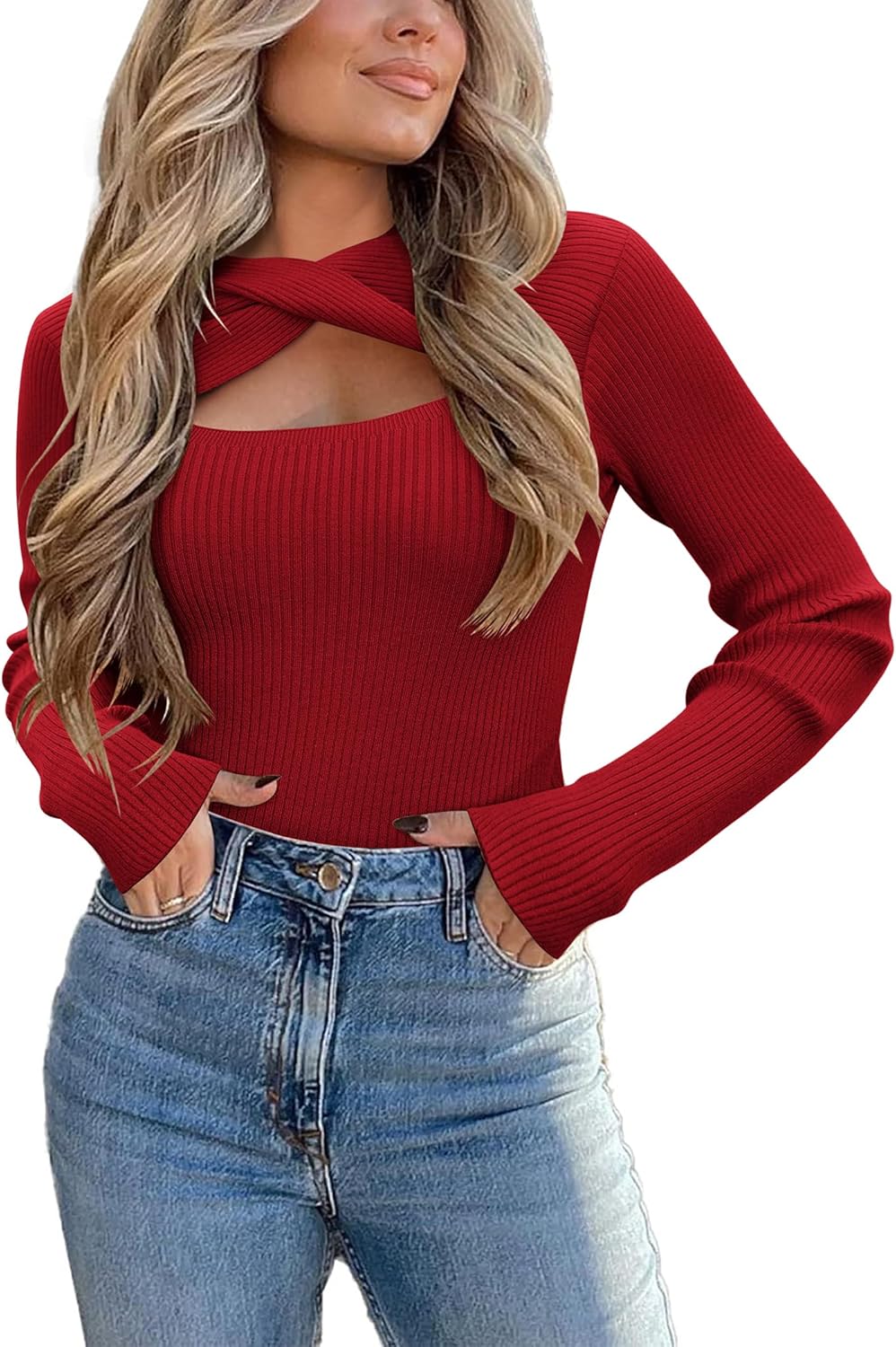 Trendy Long Sleeve Knit Pullover Cutout Sweater for Women