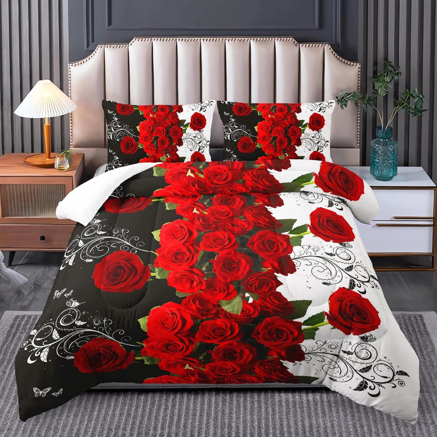 Red and Black Rose Full Size Comforter Set for Cozy Bedrooms