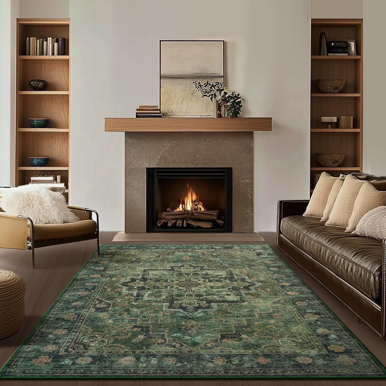 Dark Green Traditional 6x9 Area Rugs for Living Room Decor