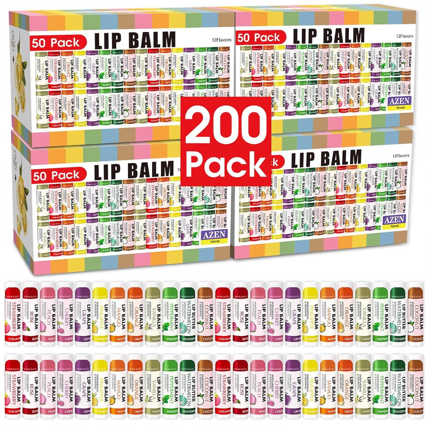 Natural Lip Balm Bulk - 200 Pack with 12 Flavors for Care