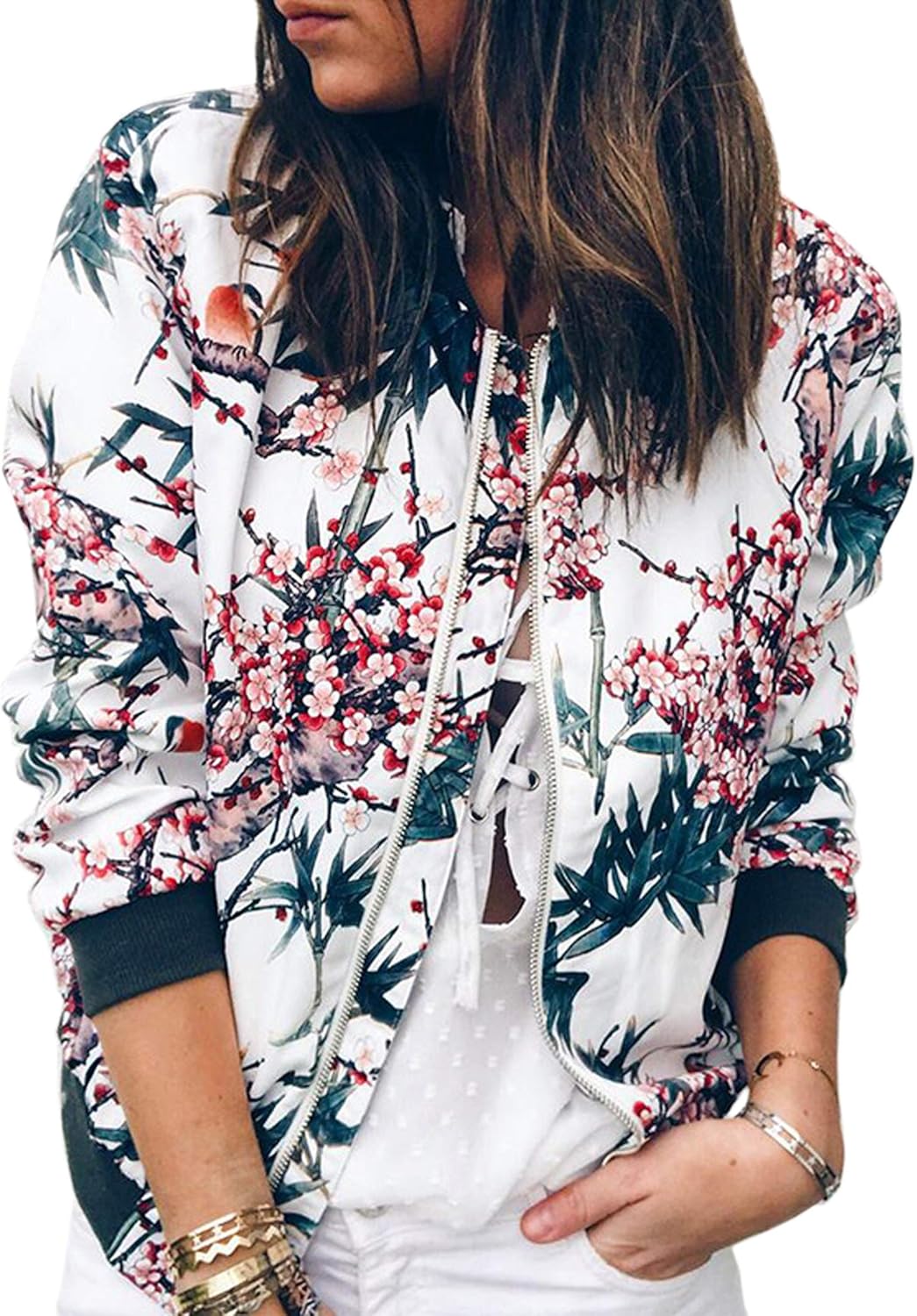 ECOWISH Women's Casual Floral Zip Up Bomber Jacket Coat