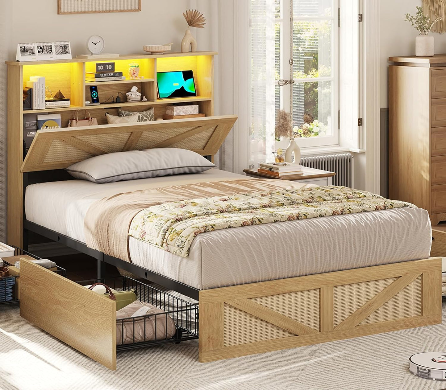 Rattan Bed Frame Twin Size with Bookcase Storage and LED Lights